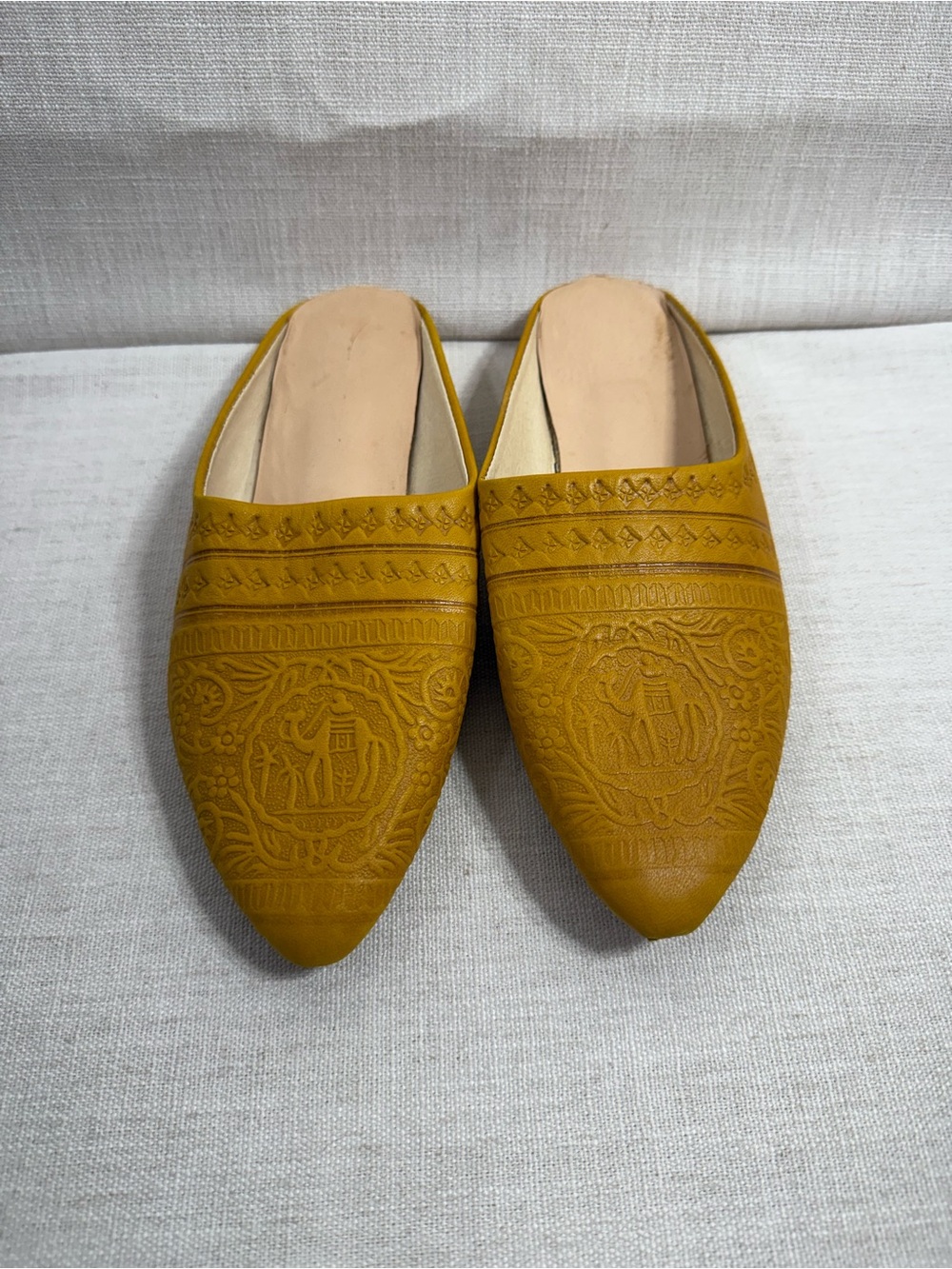 Women's Embossed Slip-On Mules in Mustard Moroccan handmade